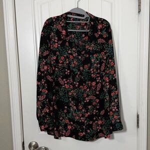 Investments Black Floral Button-Up Blouse with Pink and Green Print